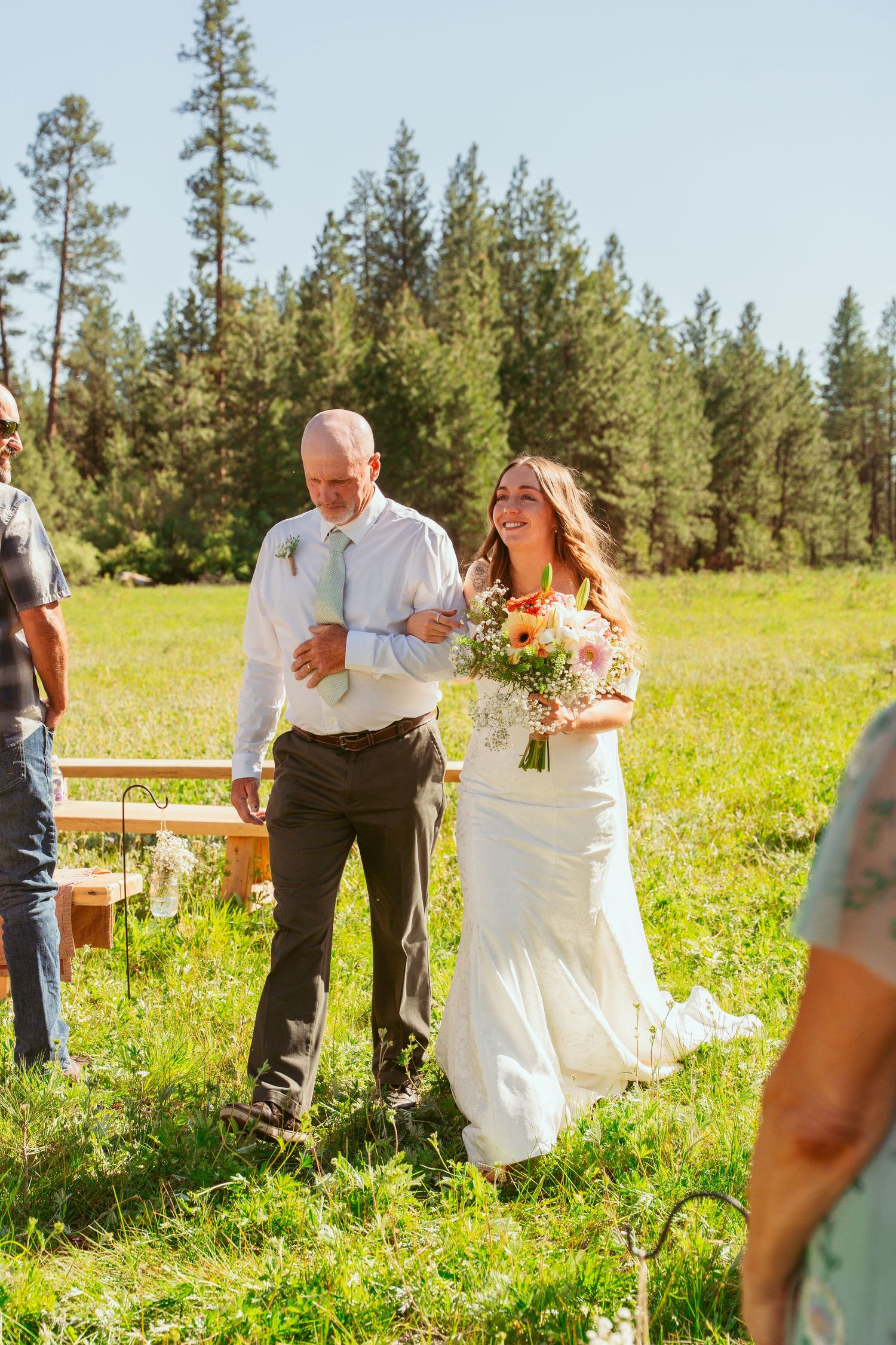 A wedding processional takes place in a sunny meadow surrounded by tall pine trees.