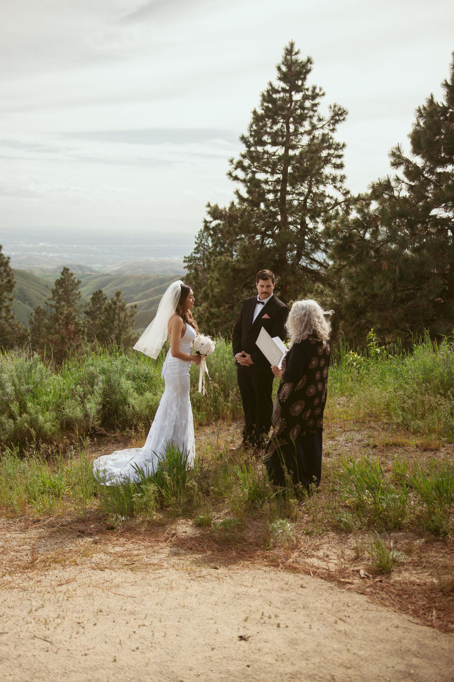 A wedding ceremony unfolds against a dramatic mountain landscape with pine trees.