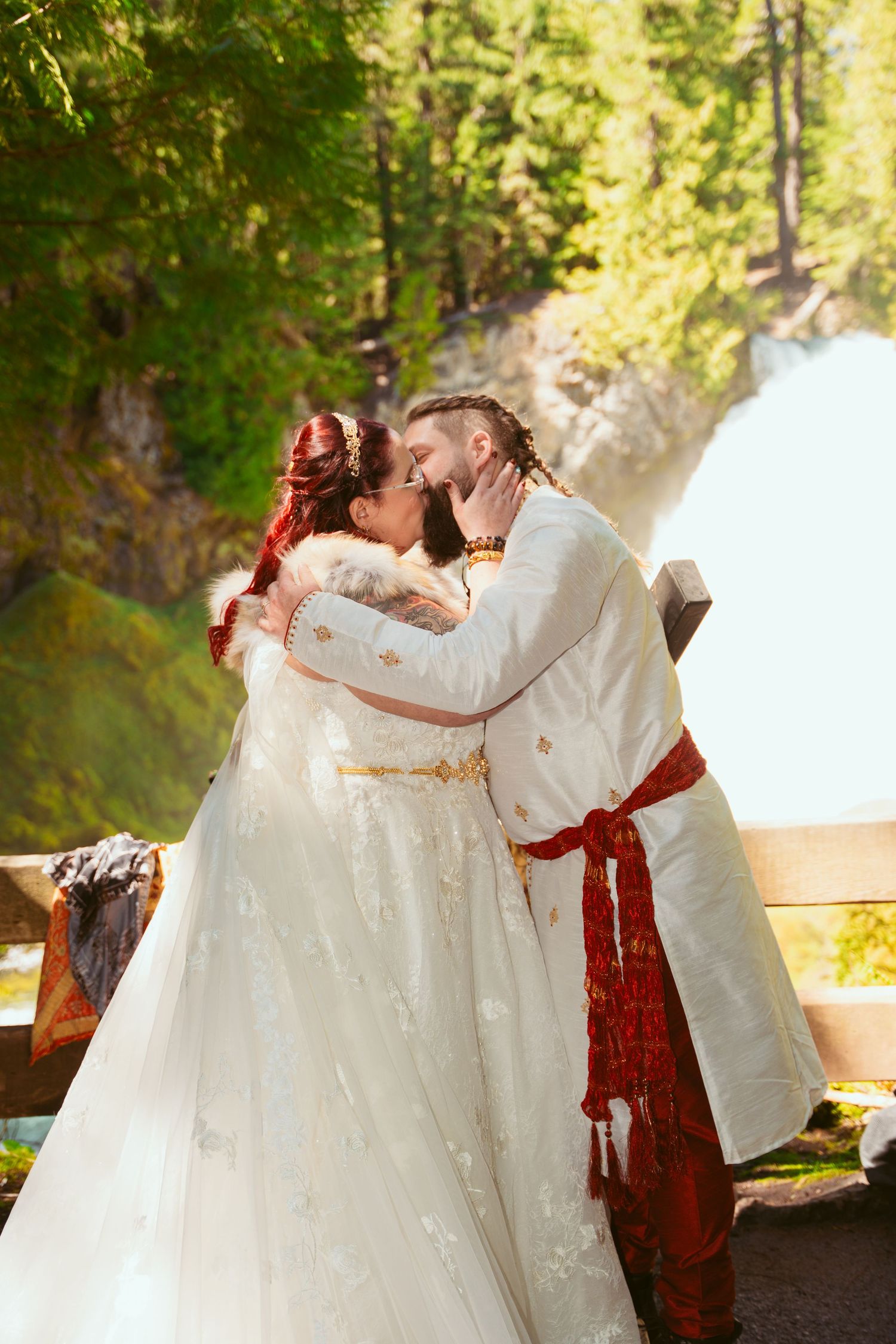 Series of intimate moments between newlyweds during their medieval-themed forest wedding.