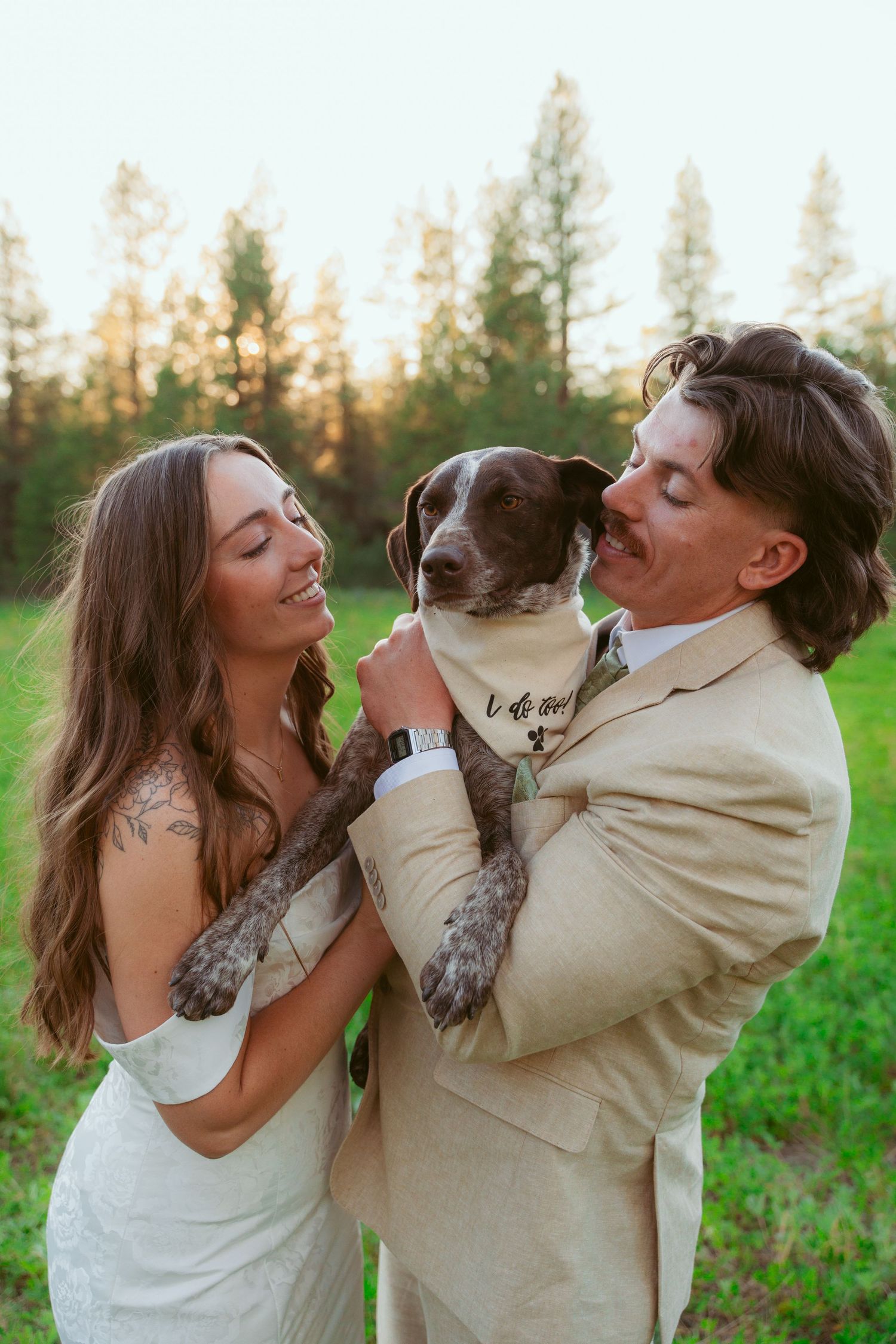 A couple and their dog share joyful kisses in a series of candid outdoor photos.