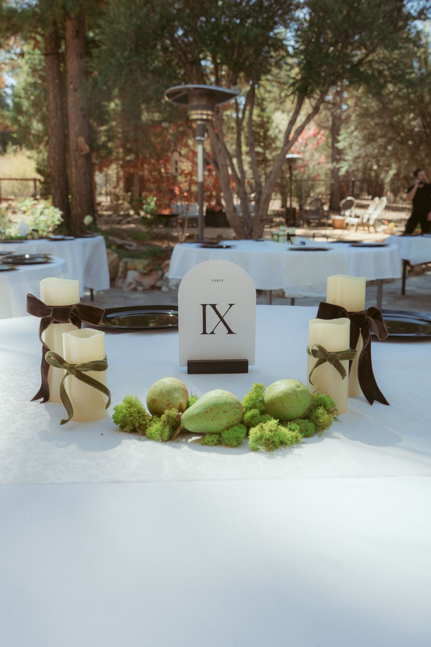 Rustic outdoor table settings with white candles and moss accents.