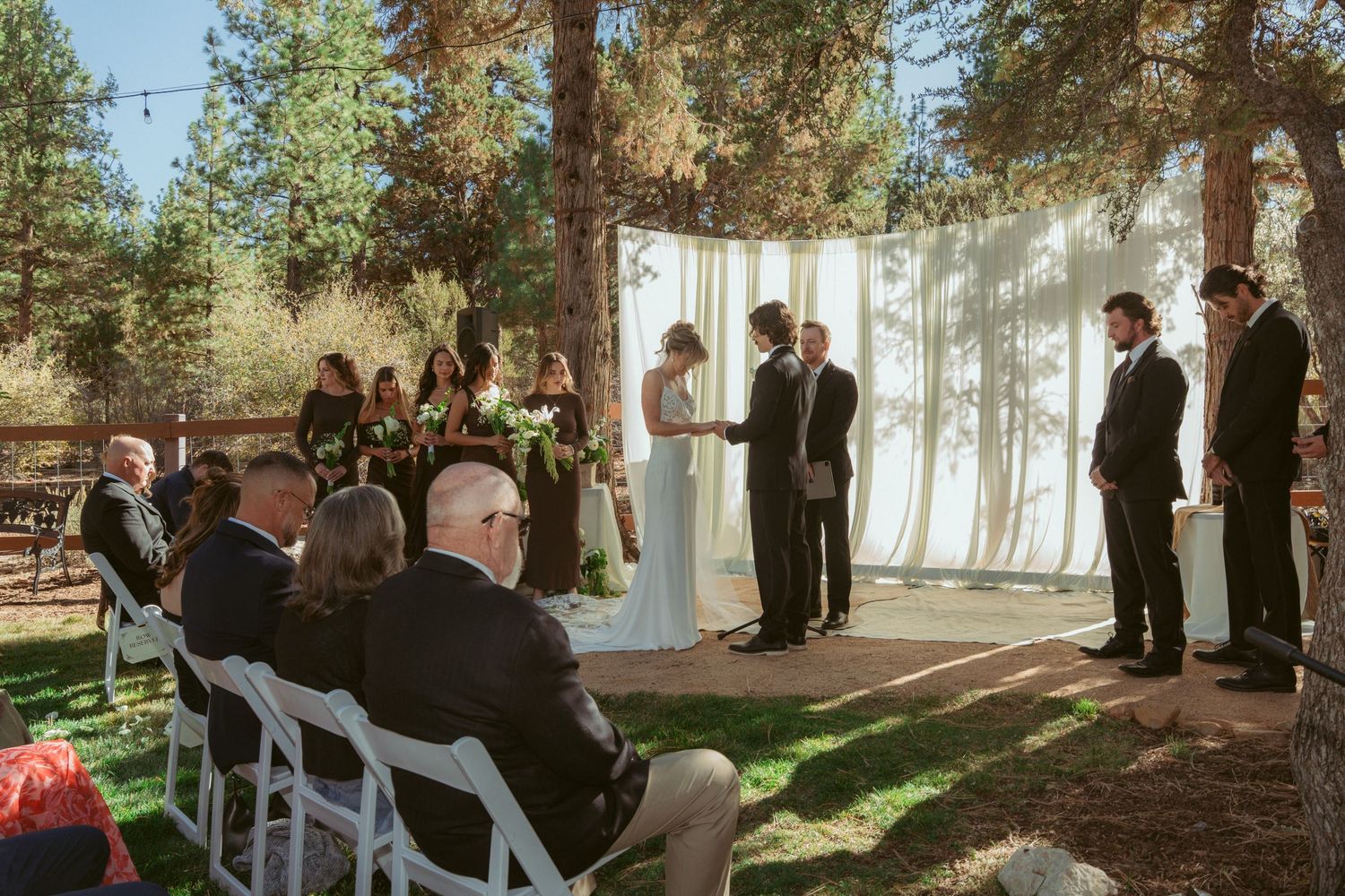Forest wedding ceremony with white drapes and rows of white chairs among pine trees.