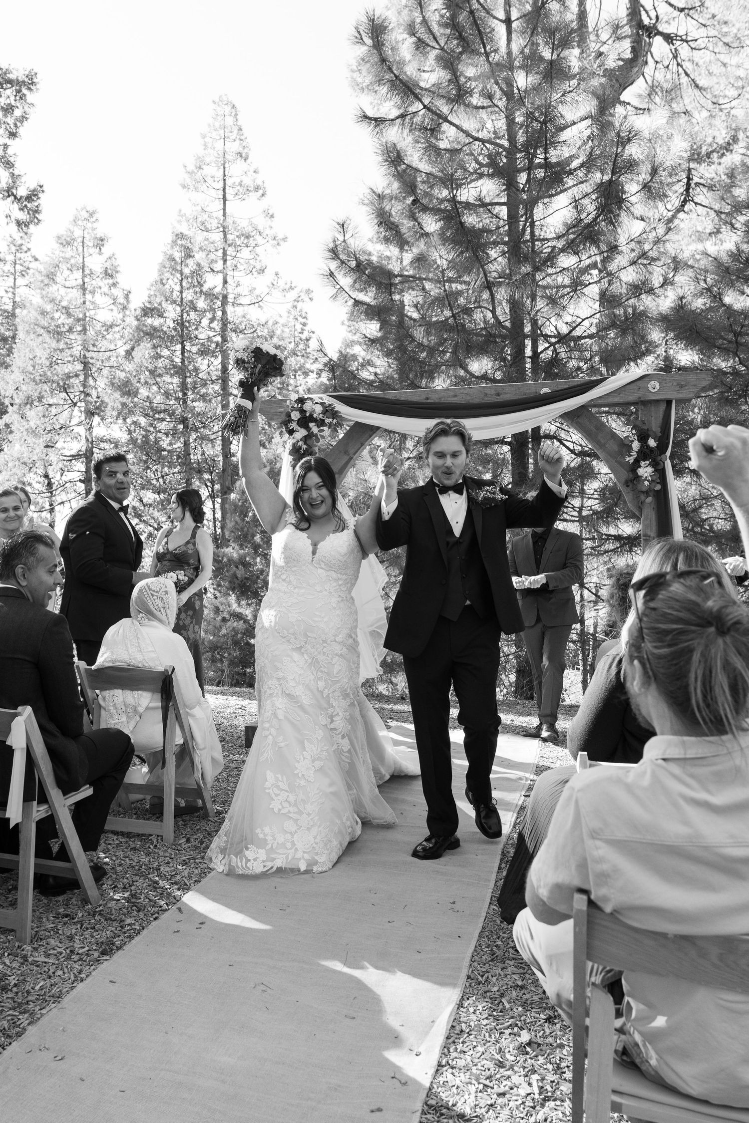 A sequence of joyful moments showing the newlyweds celebrating after their forest ceremony.