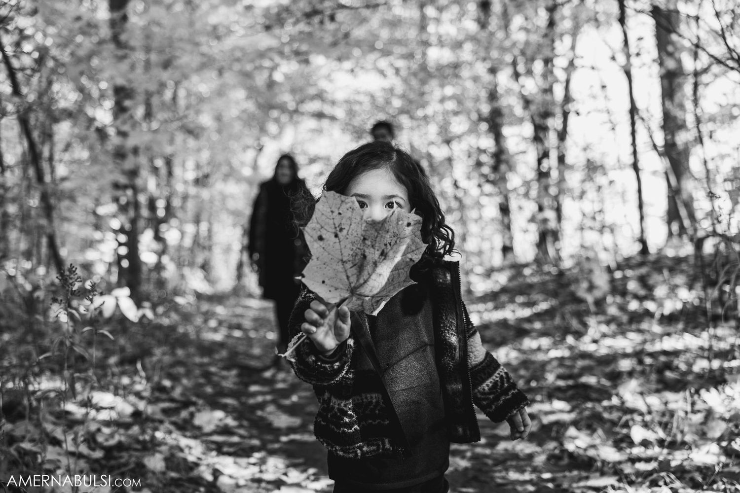 Someone holds up an autumn leaf while posing in a forest during fall.