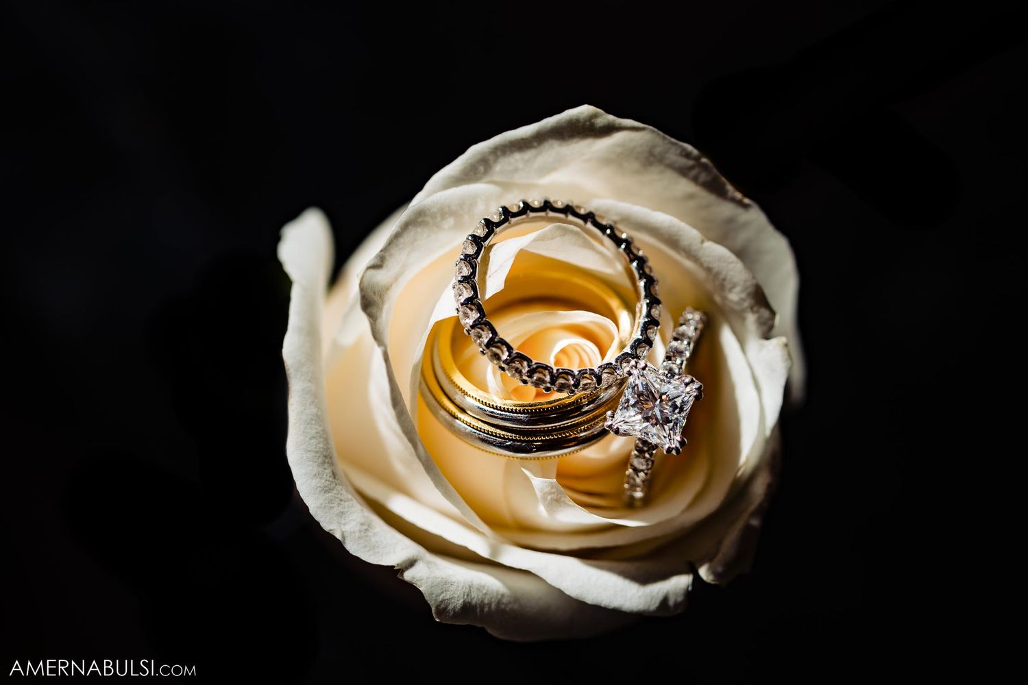 Wedding rings nestled in the petals of a white rose with diamond details.
