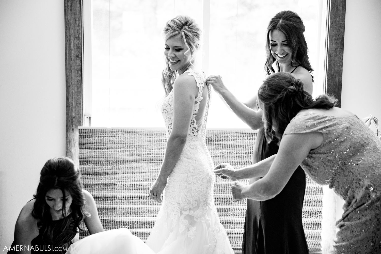 Black and white photo series showing pre-wedding preparation moments.