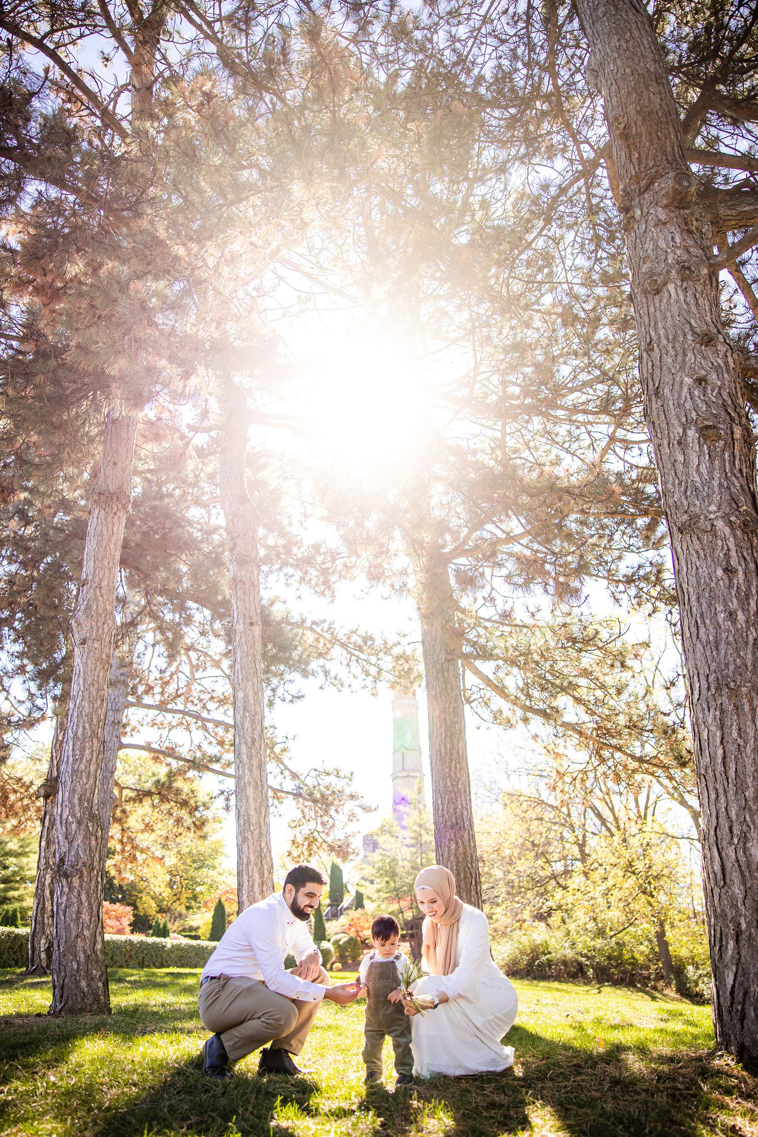A family plays together under tall pine trees on a sunny afternoon in a park setting.