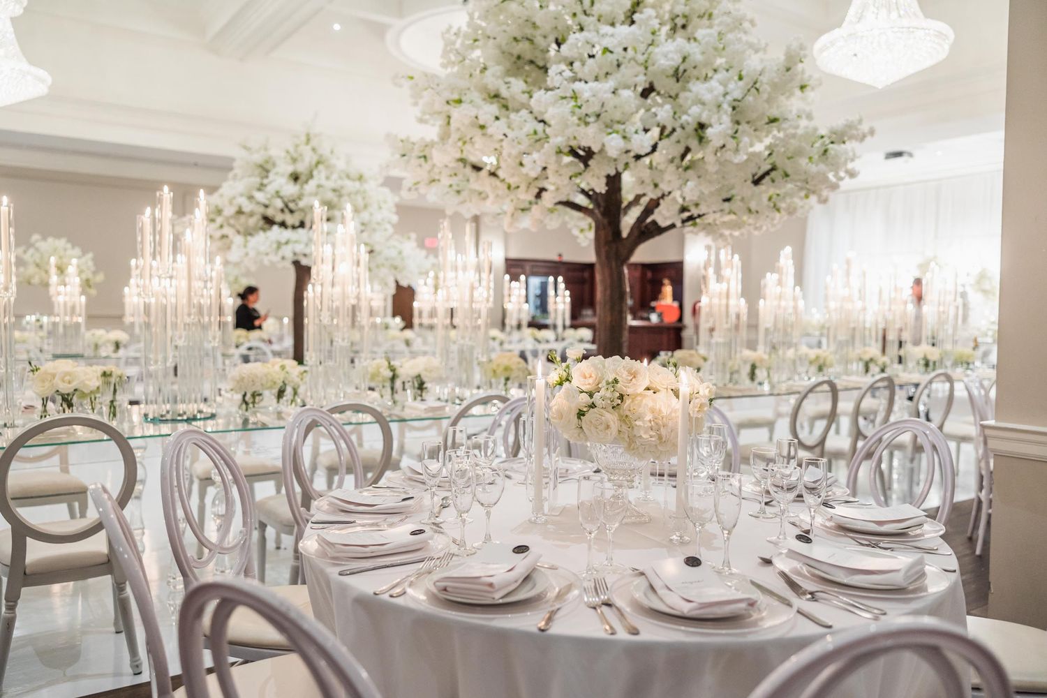Elegant wedding reception decor with white blossom centerpieces and crystal chandeliers.