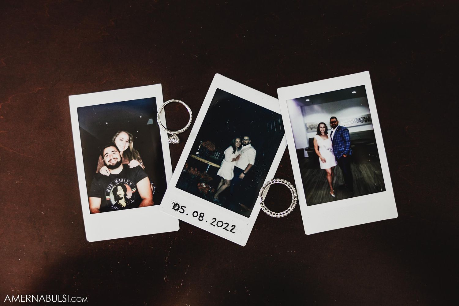 Three vintage-style polaroid photos arranged on a dark surface.