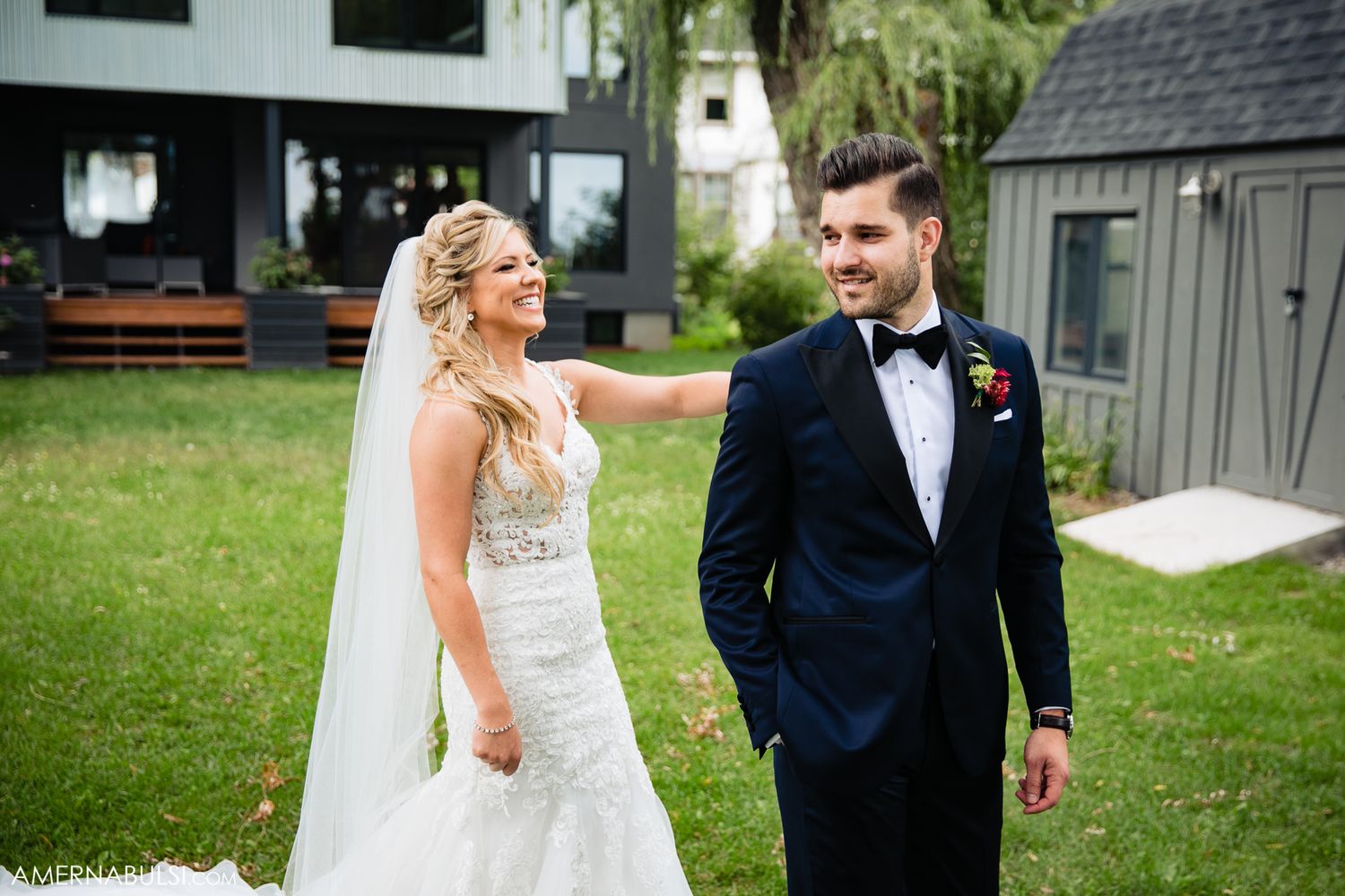 Romantic outdoor wedding photos captured in a lush garden setting.