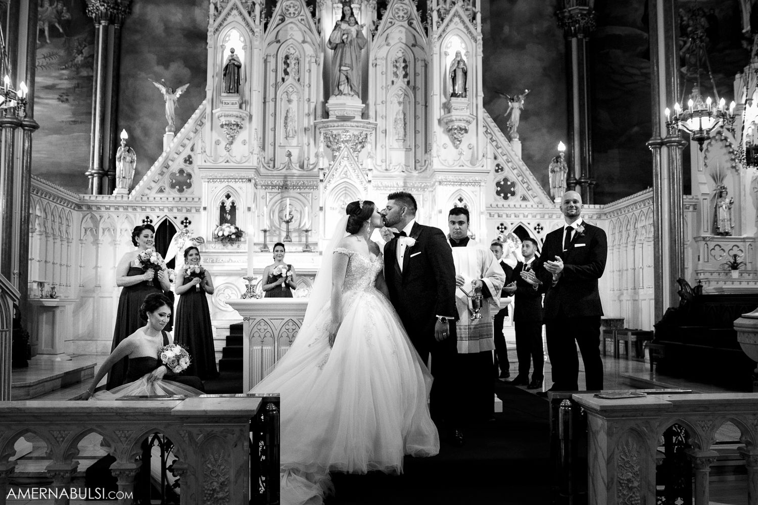 Gothic church interior with dramatic lighting and wedding ceremony scenes in black and white.