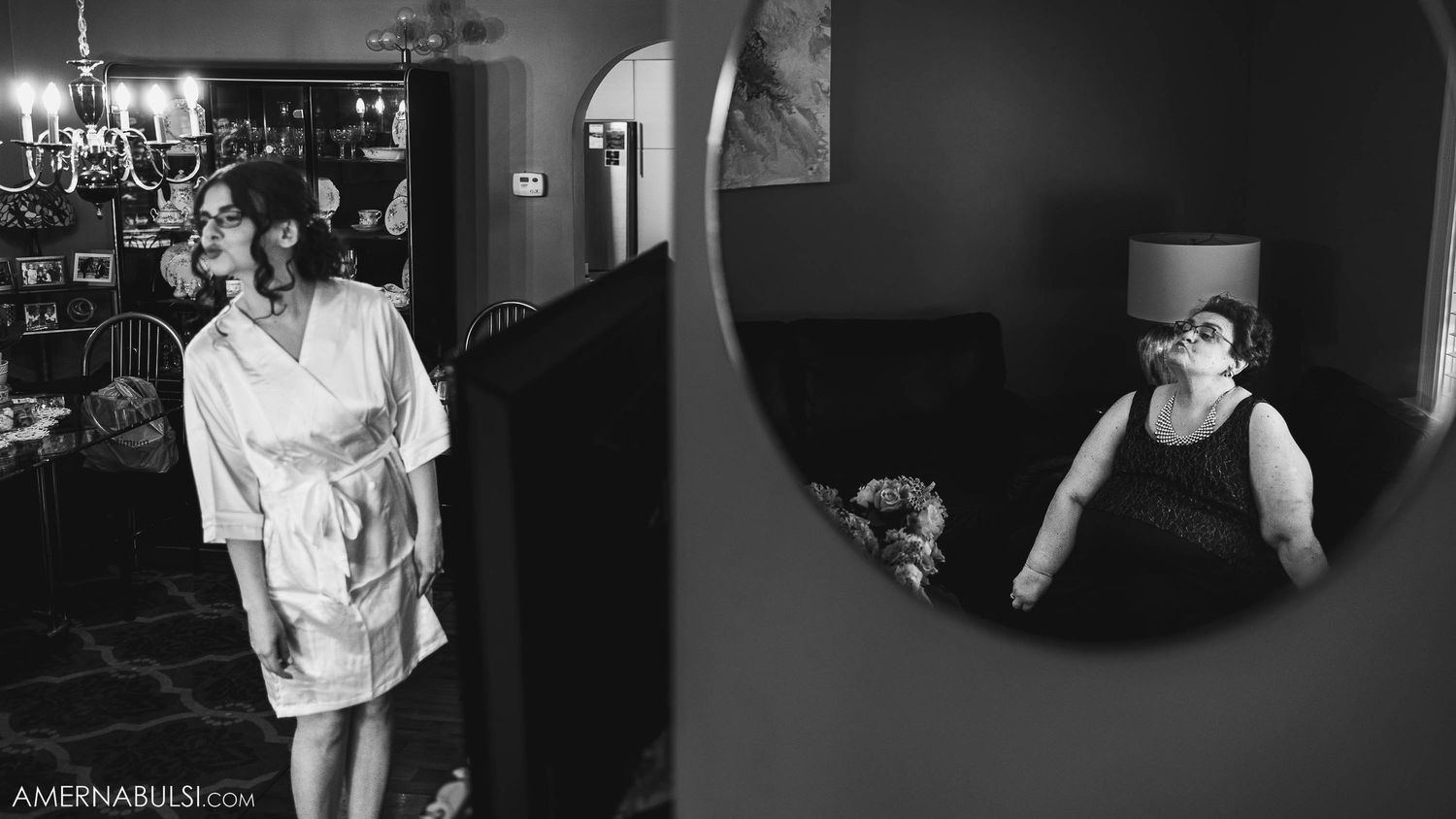Split image showing two scenes of wedding preparation in dark interior spaces.