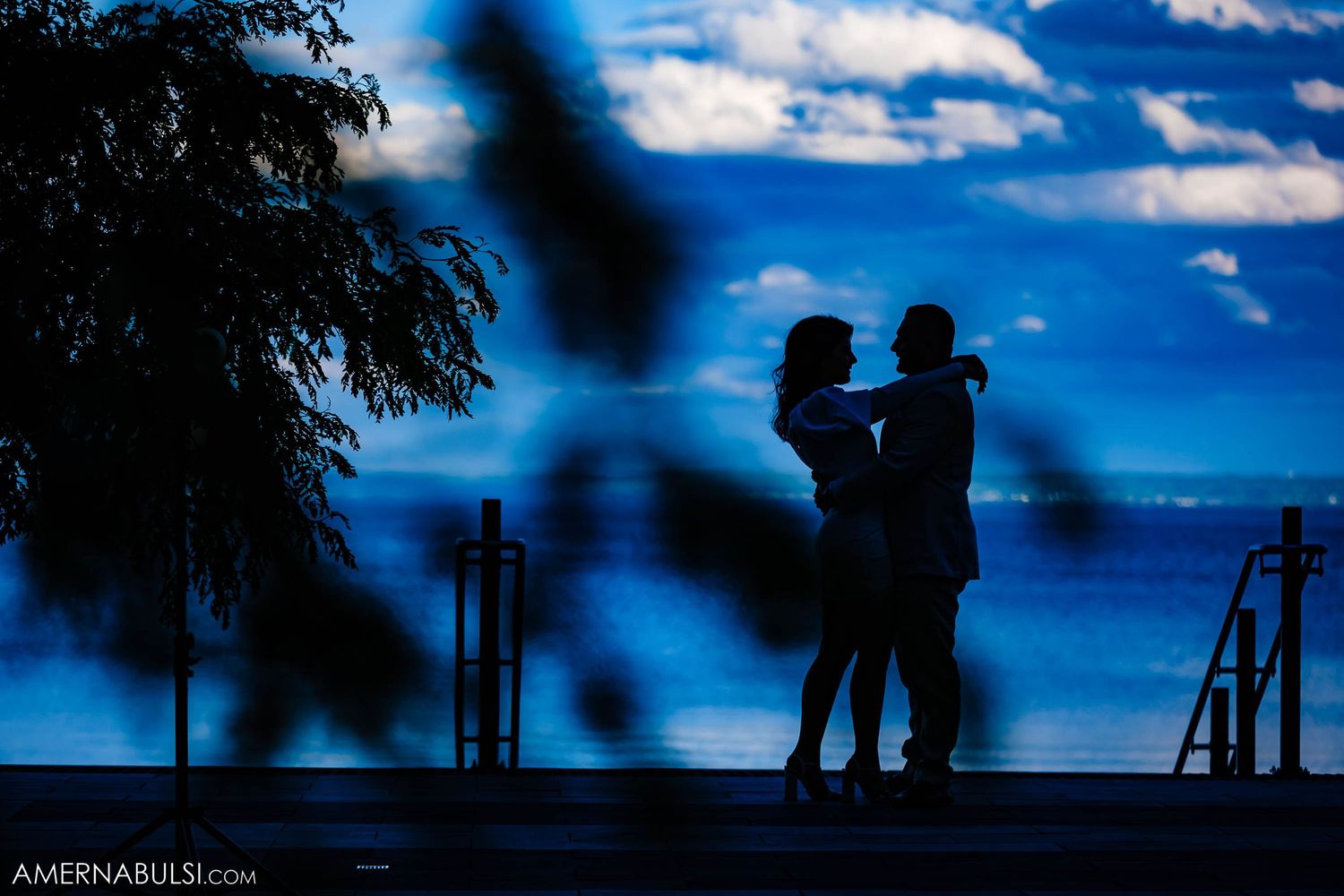 Silhouetted couple embracing against dramatic blue sky at sunset with tree branches framing the scene.