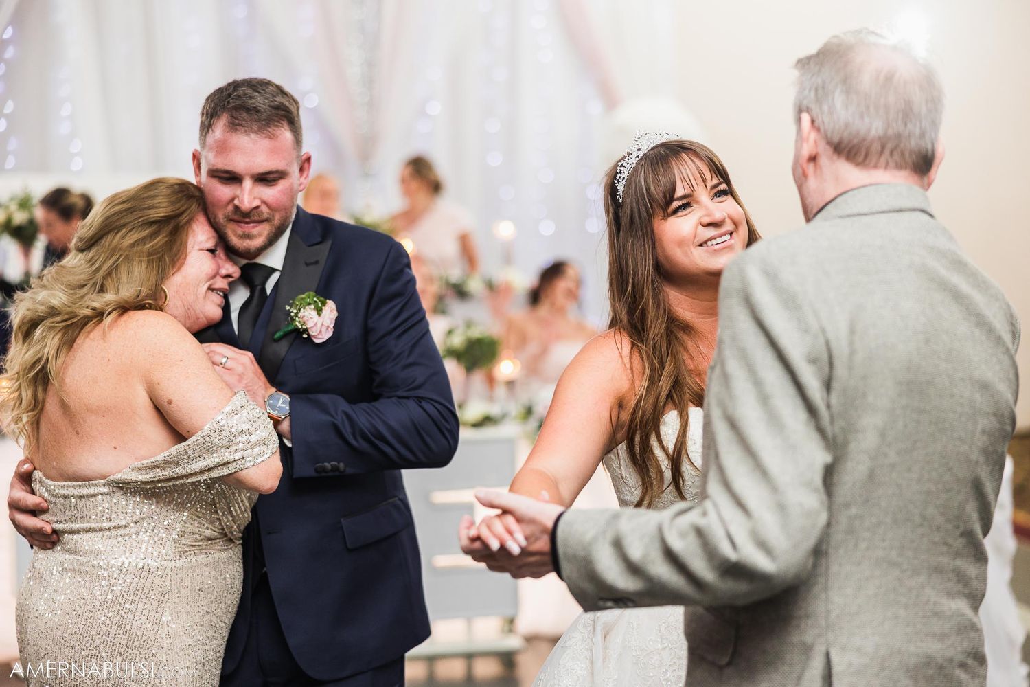 Couples share intimate dance moments at elegant wedding reception.