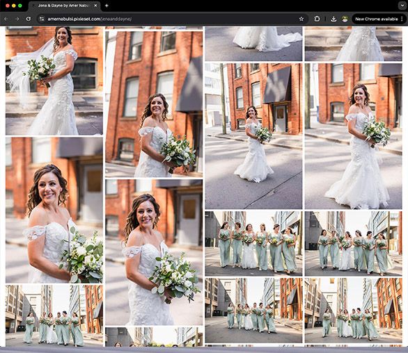 Wedding photo gallery layout showing bride portraits and floral arrangements against brick backdrop.