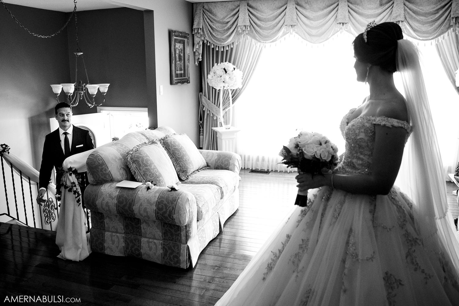Black and white wedding preparation photos showing elegant drapes and interior details.