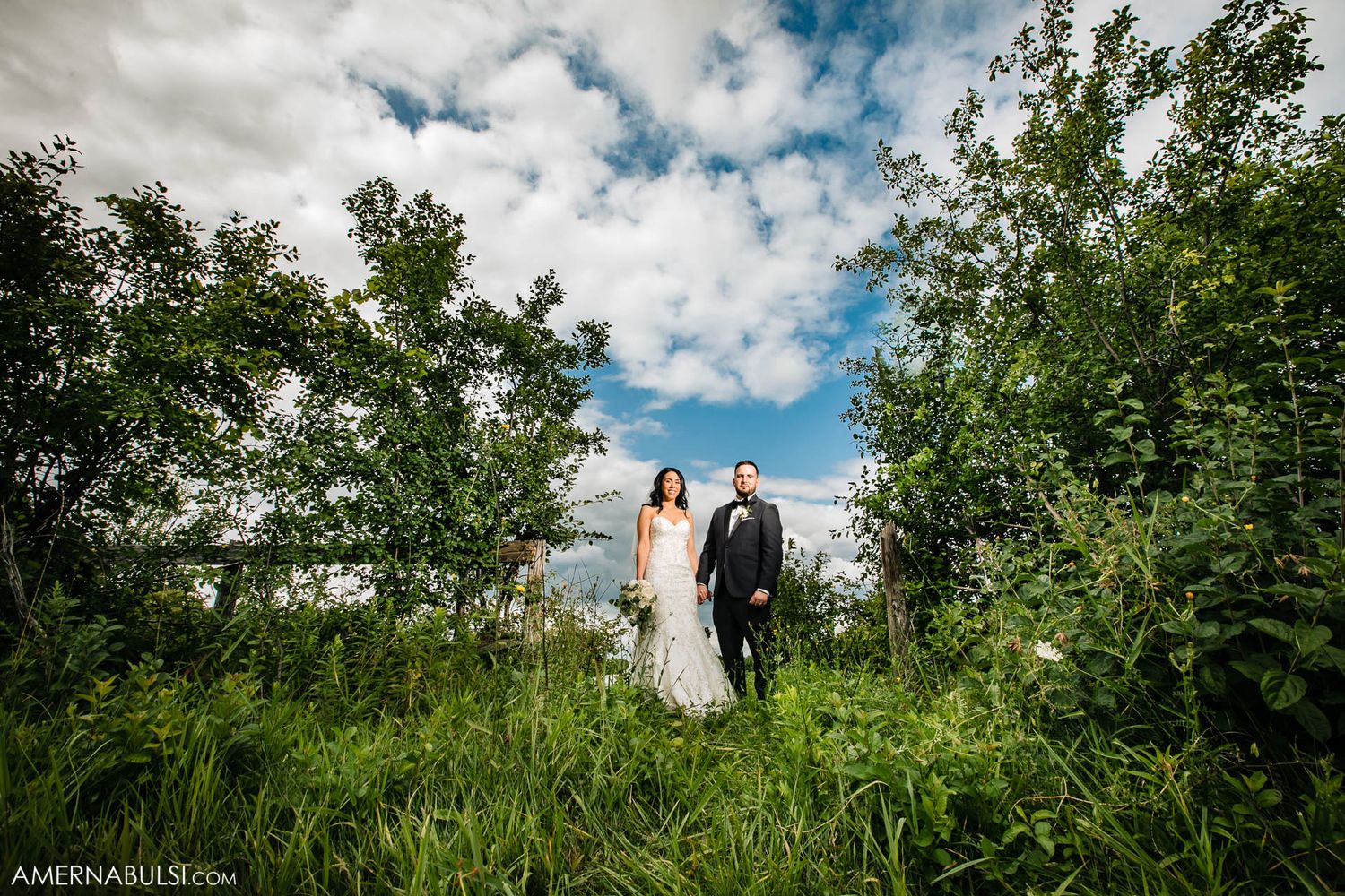 A wedding couple stands together in tall grass with a beautiful blue sky and white clouds behind them.