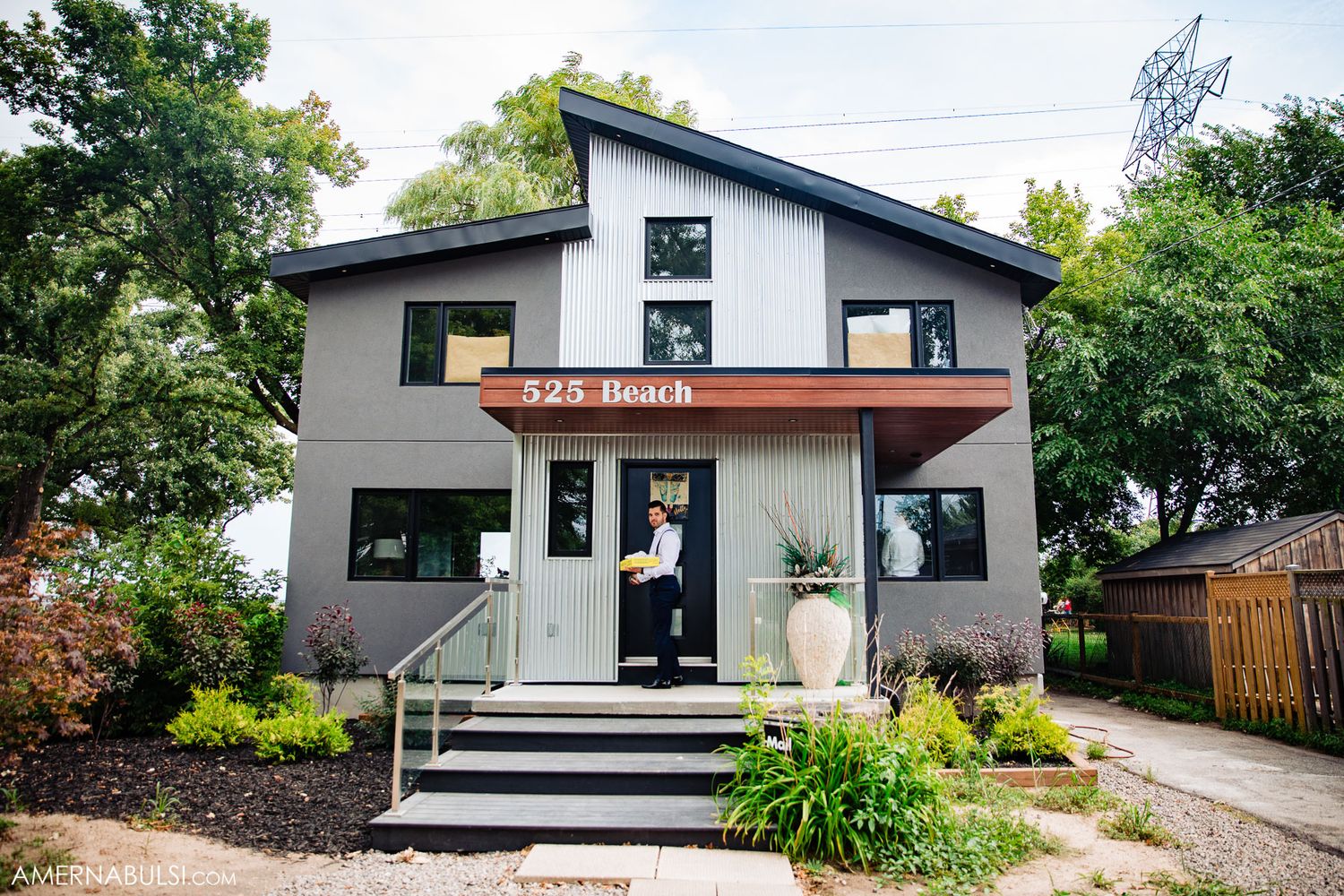 Modern gray house exterior with contemporary architectural design.