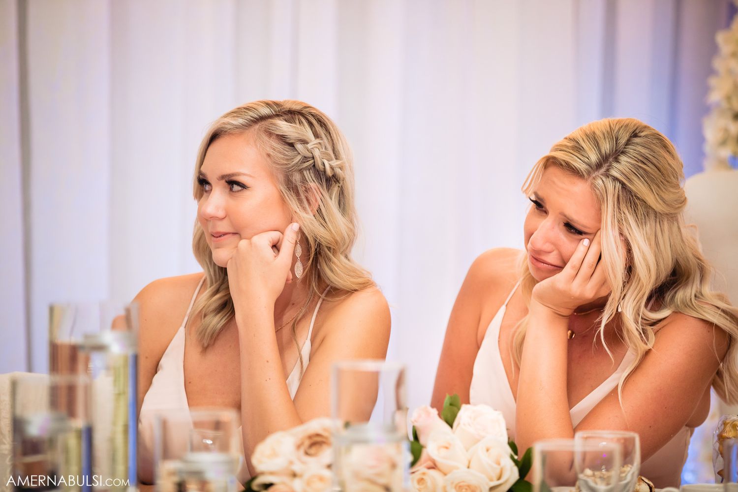 Wedding party members seated at a table react emotionally during reception speeches.