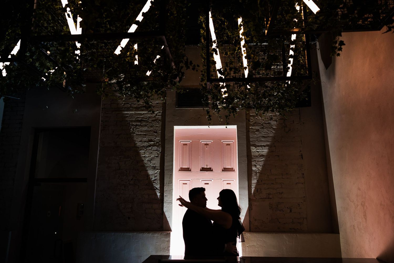 Romantic silhouette of a couple dancing under hanging greenery and warm glowing lights in an elegant venue.