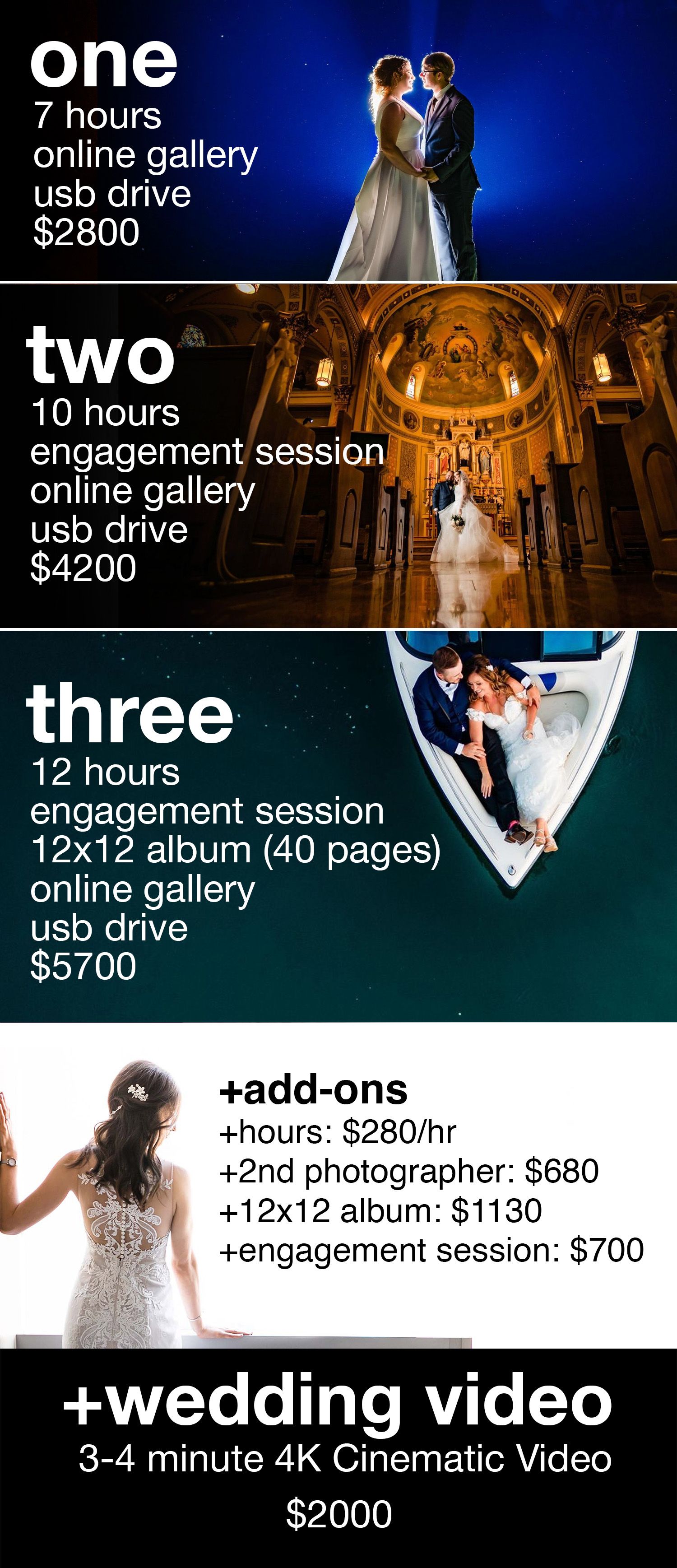 Wedding photography pricing guide showing three packages with different hours, deliverables and prices in elegant dark layout.