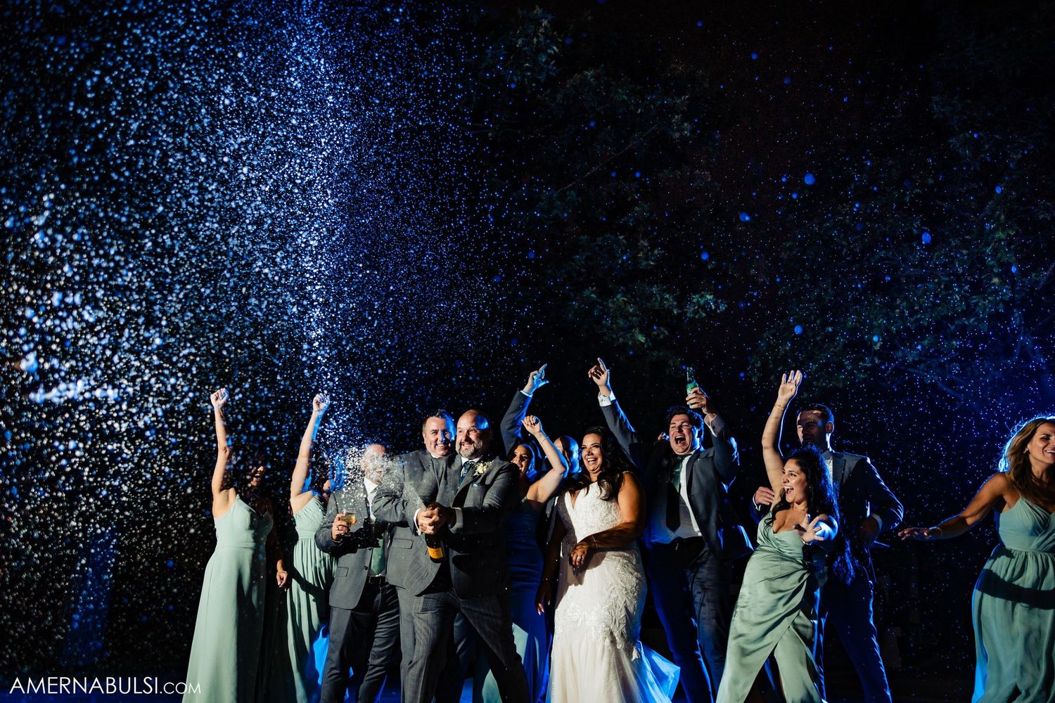 Wedding party celebrates under a dramatic shower of confetti against a dark blue sky.