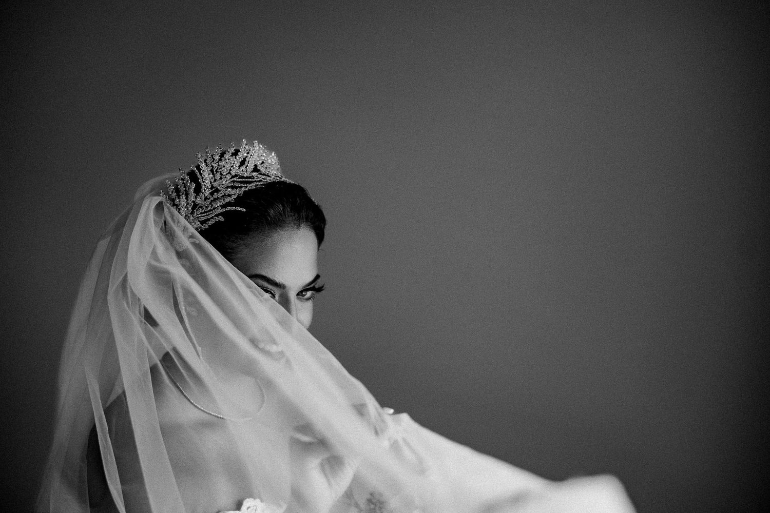 Artistic black and white bridal portrait with veil and crystal headpiece.