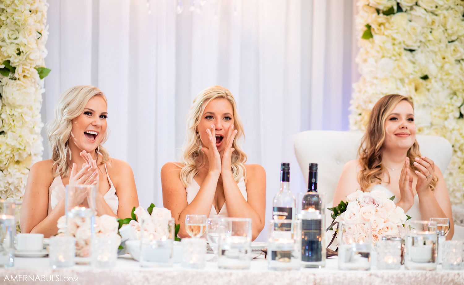 Sequence of candid moments showing expressions of joy and laughter during a wedding reception.
