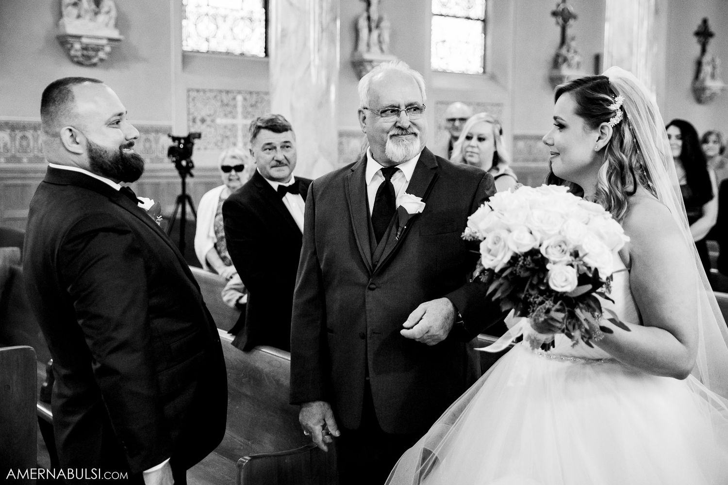 A series of candid black and white moments from a church wedding ceremony.