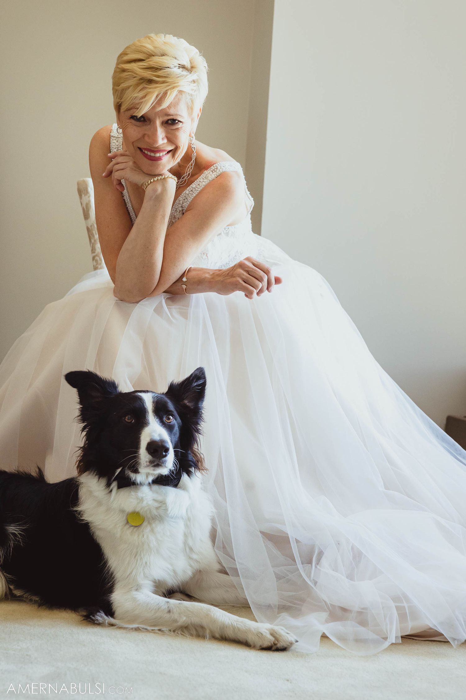 Bride in white wedding dress sits with black and white border collie.
