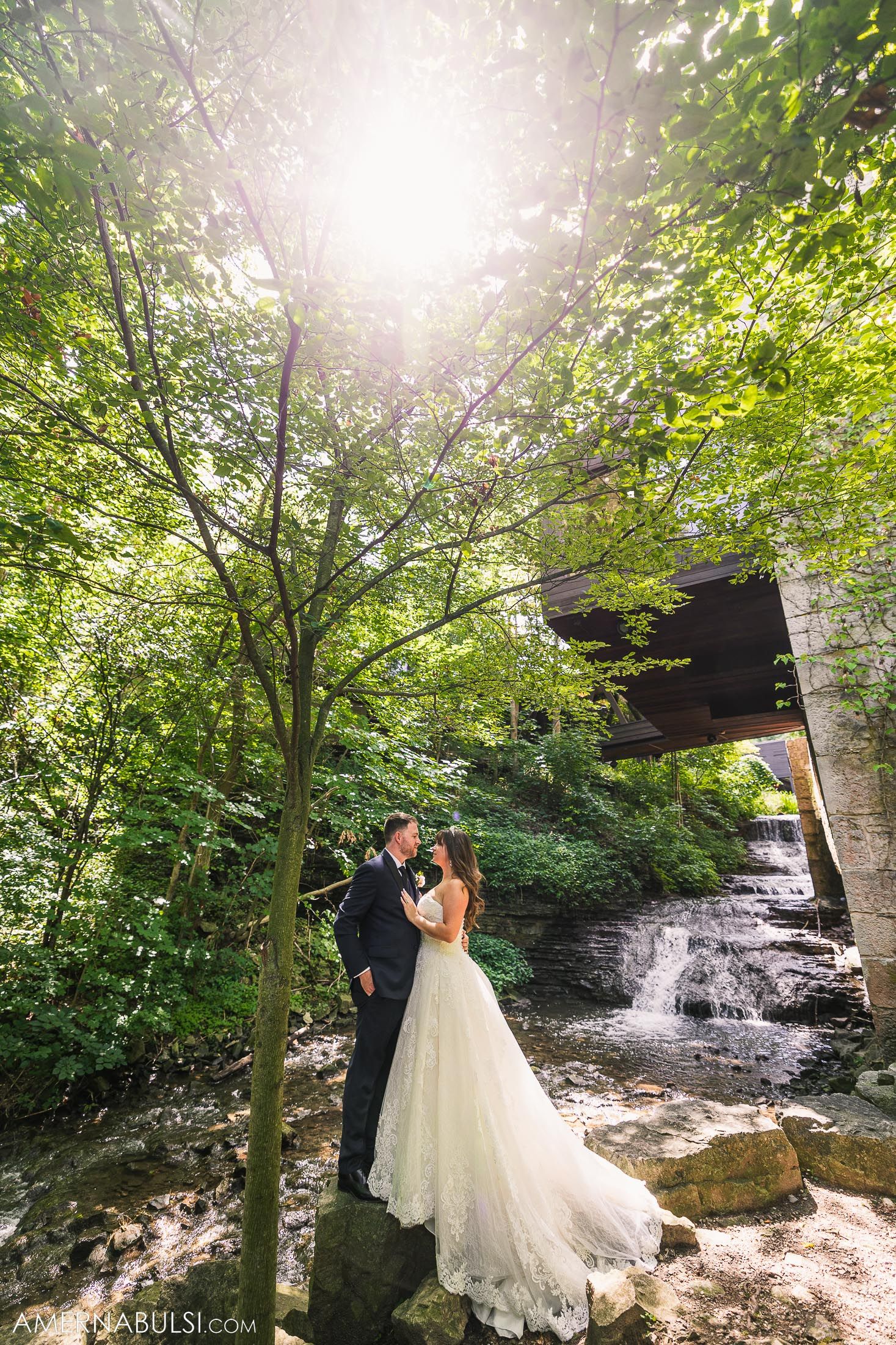 Dramatic wedding photo with sunburst through trees and waterfall in background.