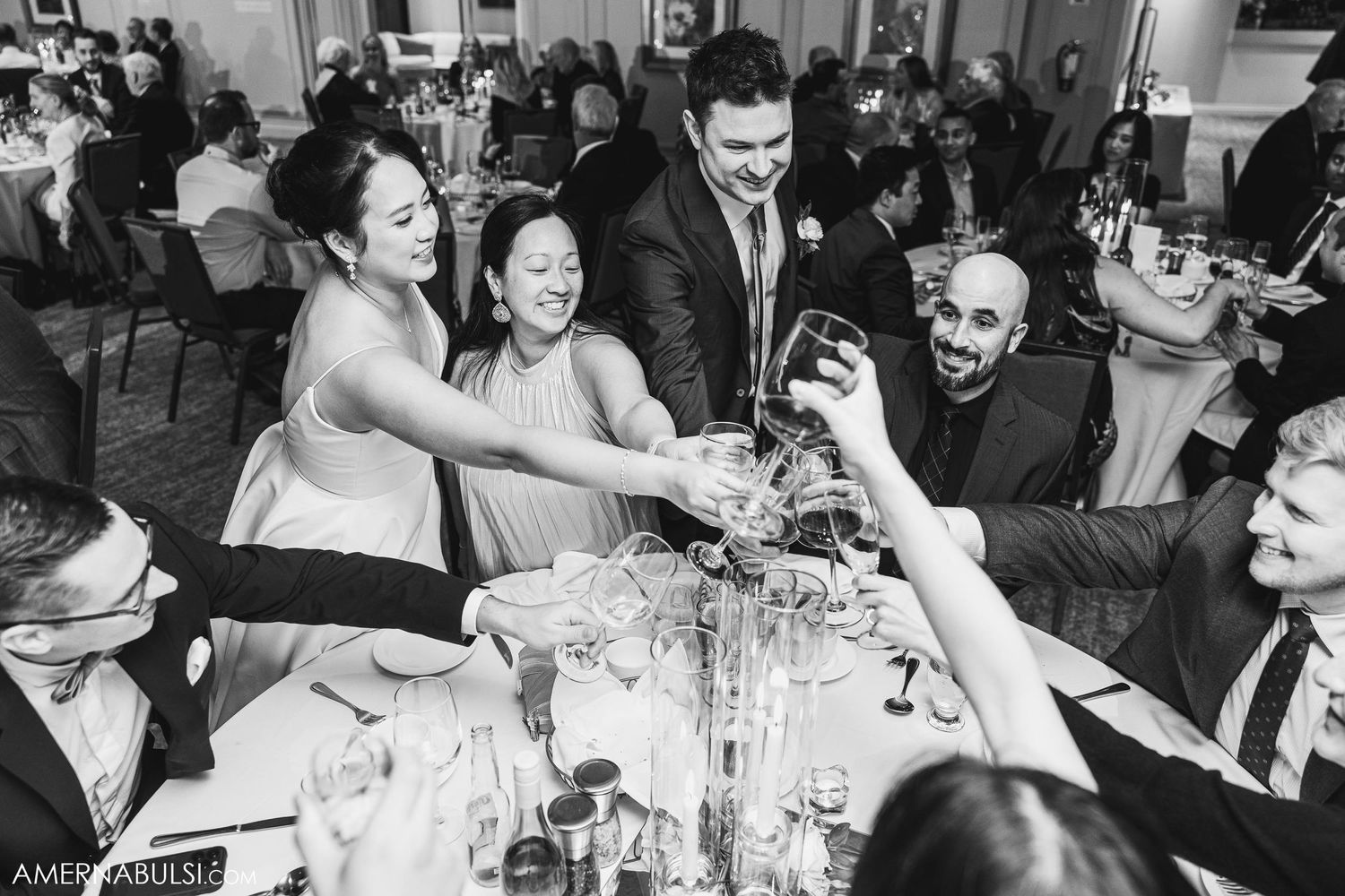Wedding party raises glasses for celebratory toast at reception.