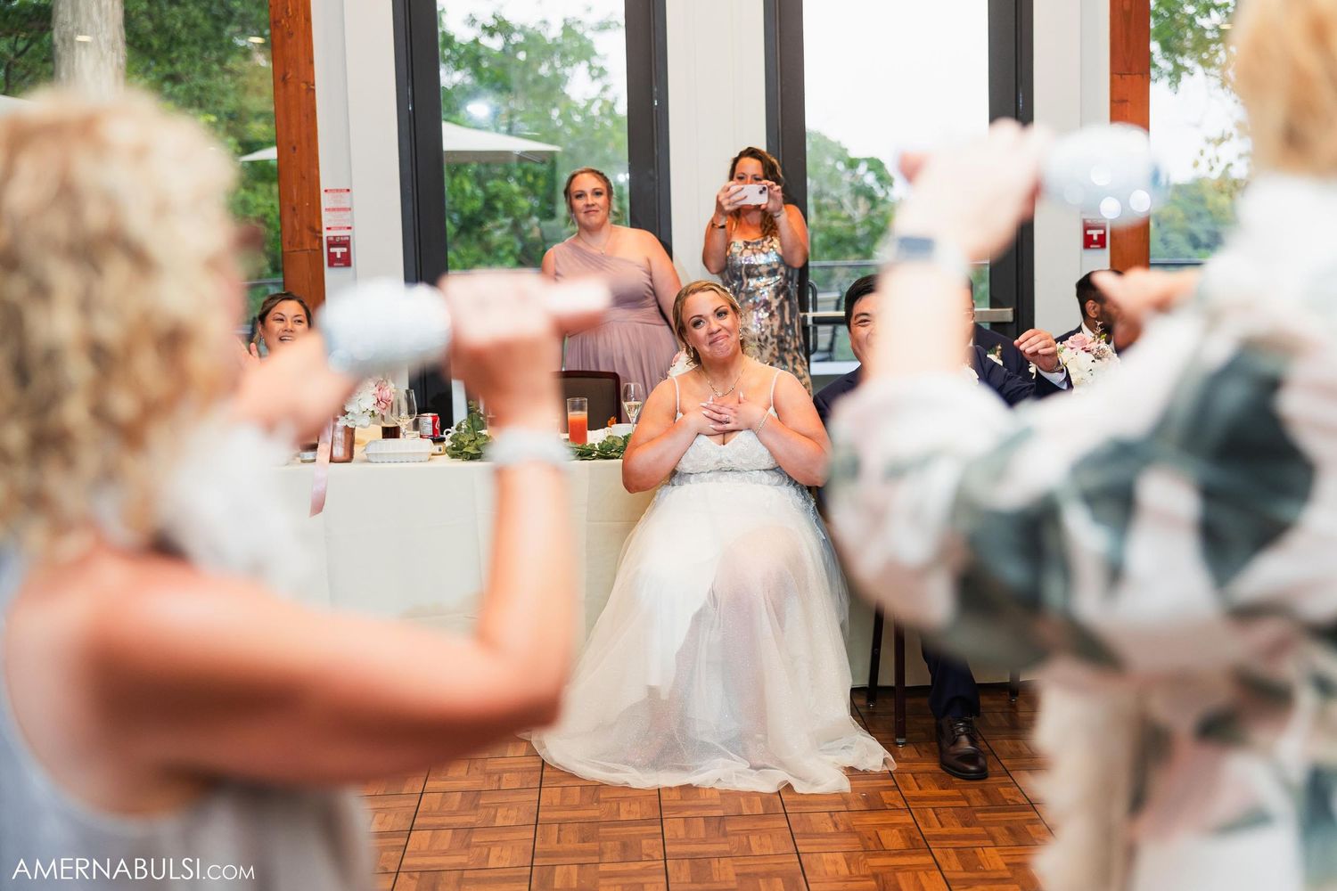 Wedding reception guests watch performers during celebration.