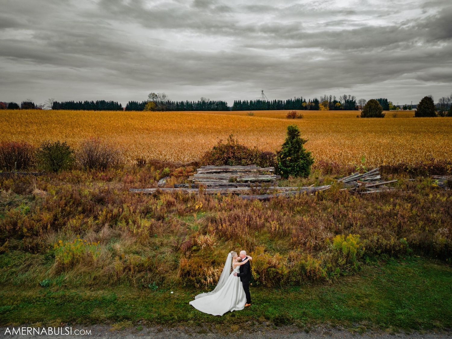 A dramatic wedding photo captured in a golden field under moody clouds at sunset.