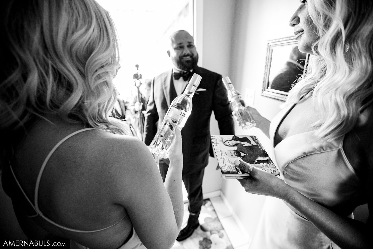 Black and white sequence of candid moments during wedding preparation showing laughter and joy.