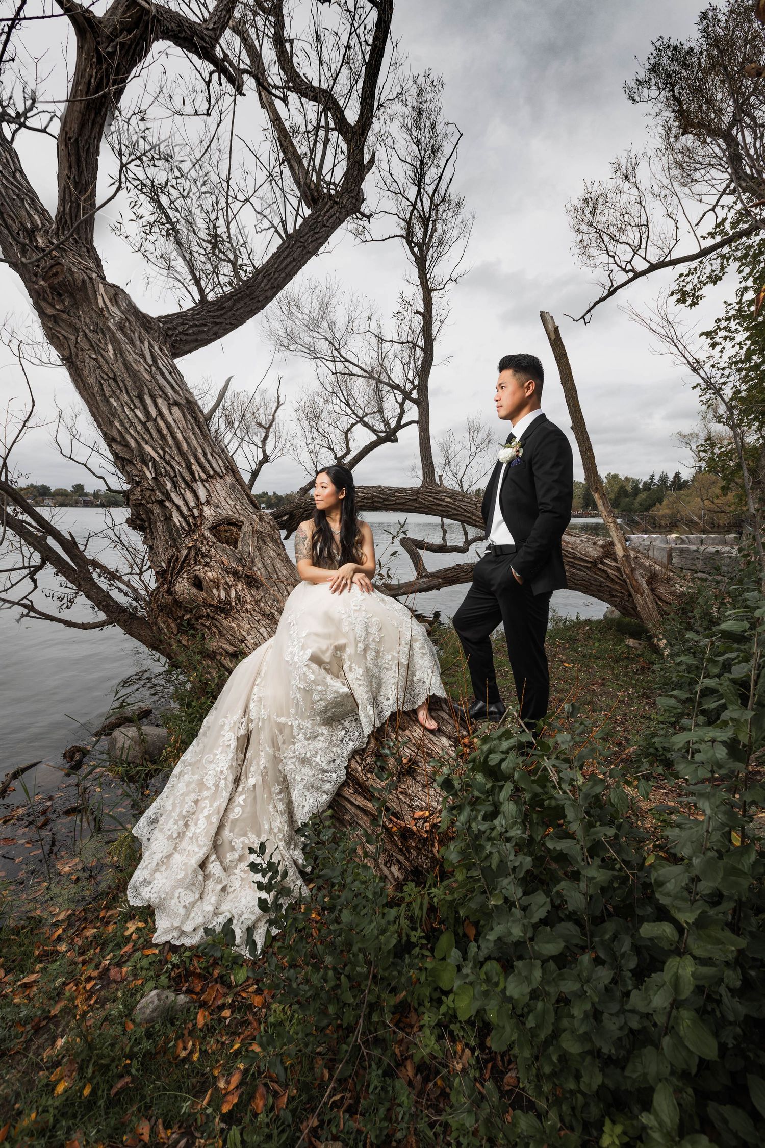 Wedding couple poses dramatically against a twisted tree trunk with moody sky backdrop.