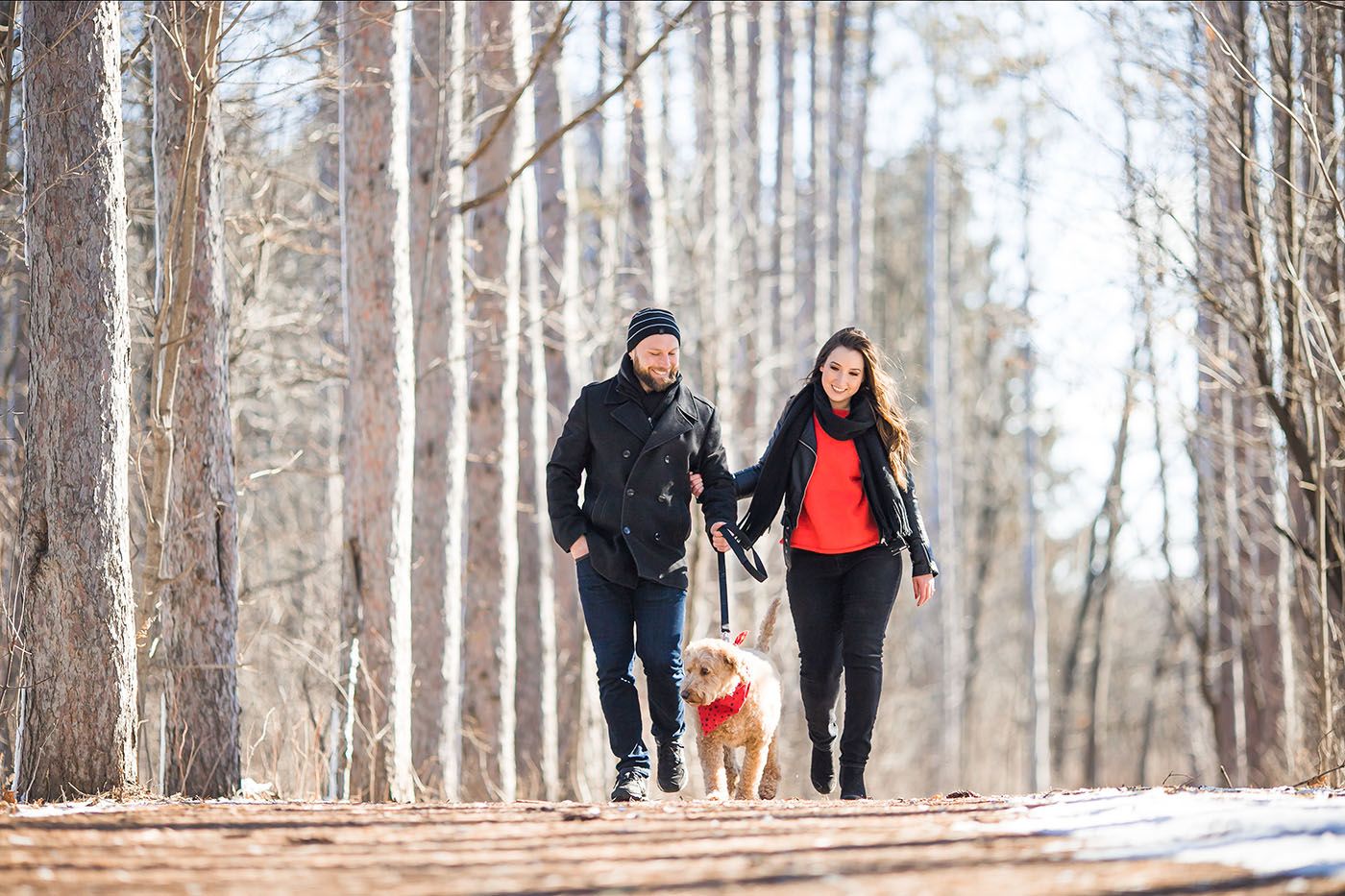 People walking along a tree-lined path through a winter forest.