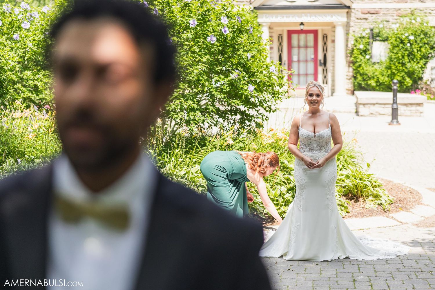 Creative wedding photo composition showing first look moment in garden setting.