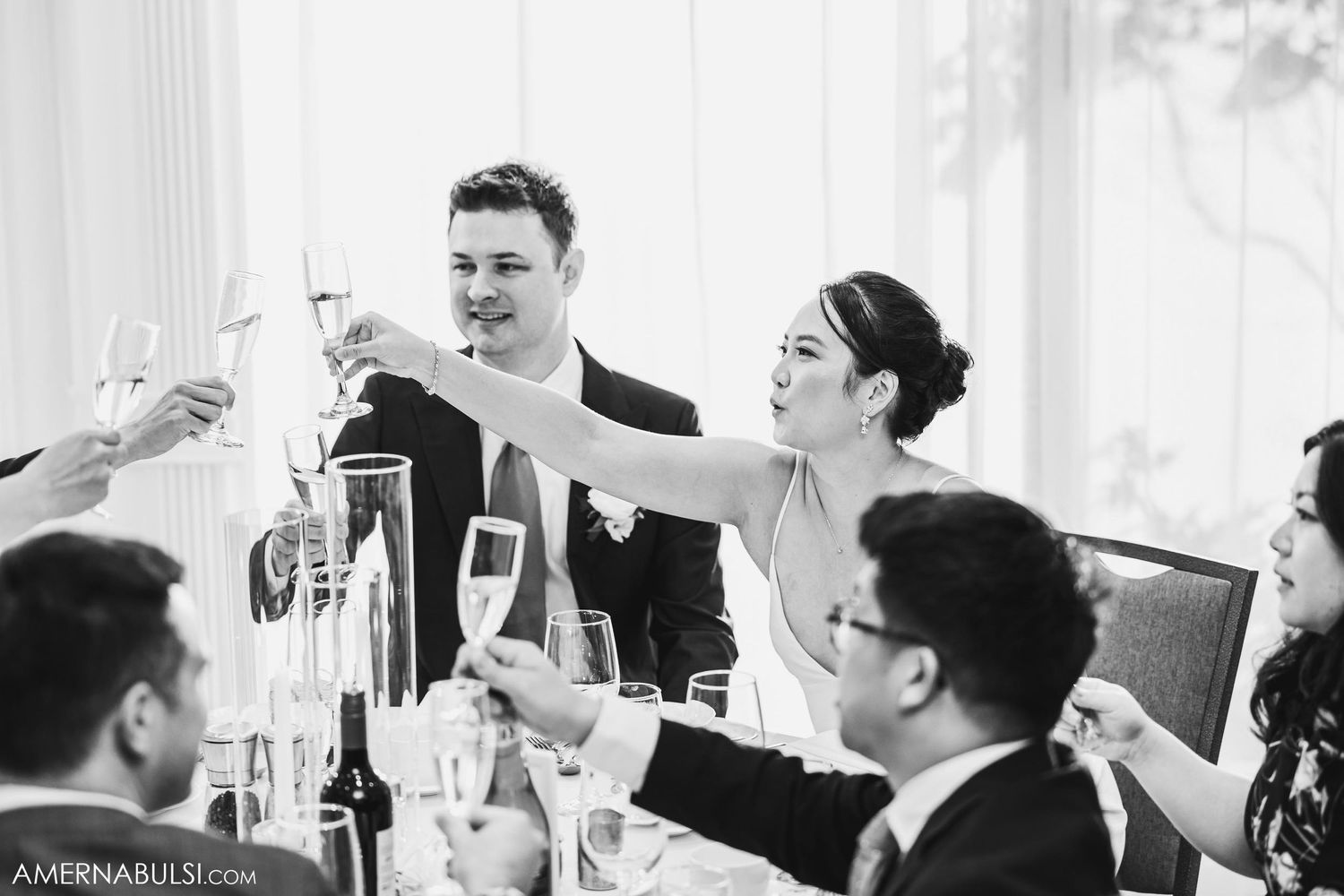 Wedding guests raise champagne glasses for a celebratory toast during the reception.