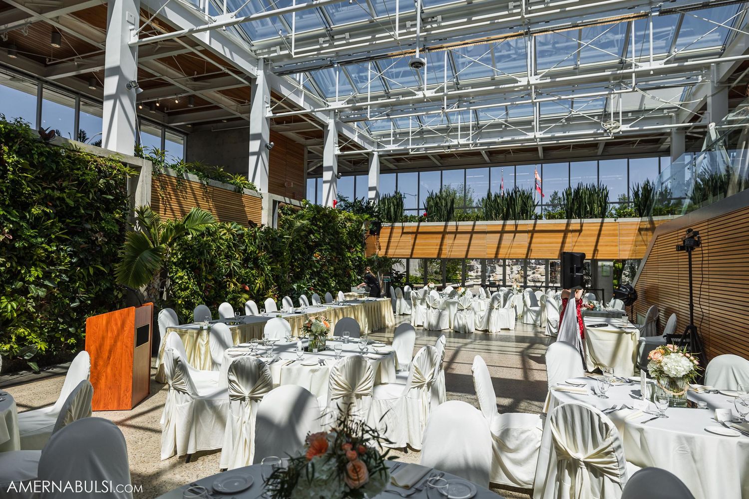 Wedding reception venue with white-covered chairs and hanging greenery in a glass-roofed space.
