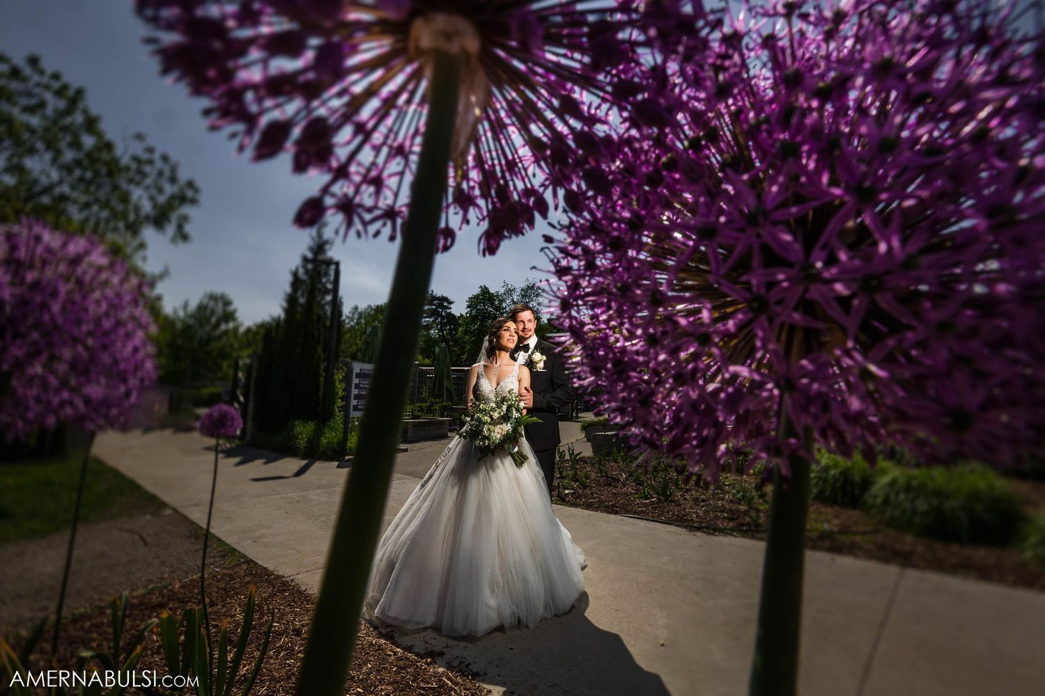 Wedding portrait beneath dramatic purple allium flowers in a garden landscape.