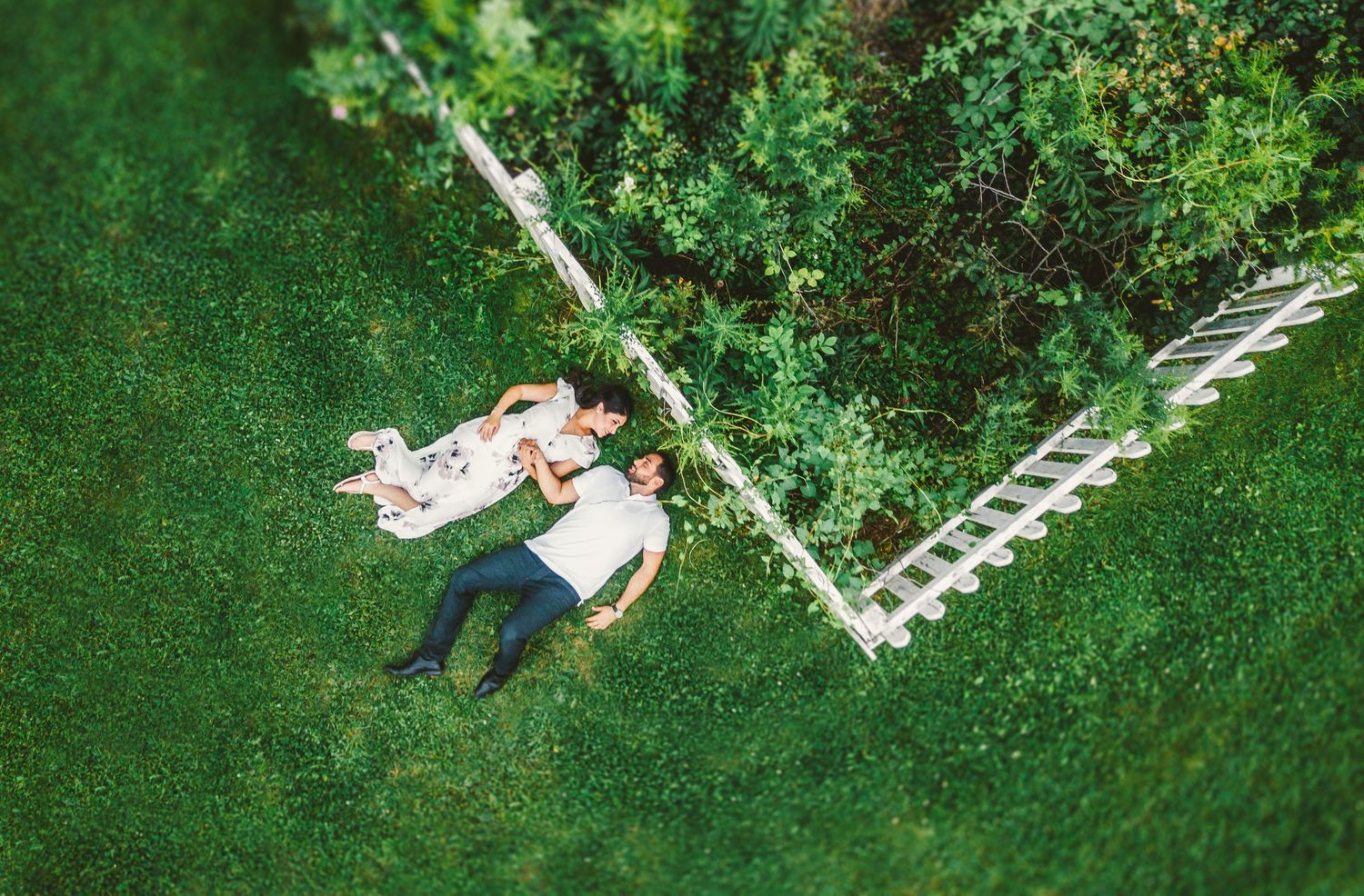 Aerial view of a couple lying in lush green grass surrounded by wildflowers.