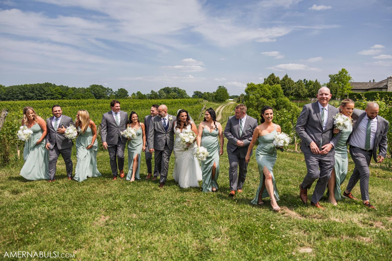 Full wedding party poses together on grassy lawn with vineyard backdrop.