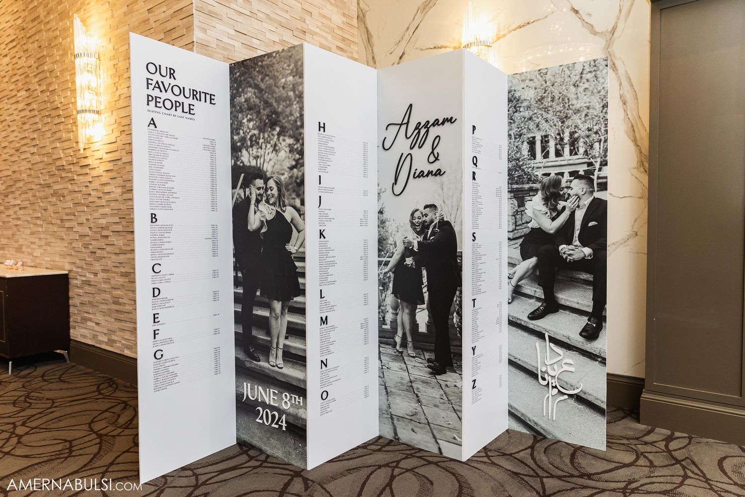 Wedding decor featuring folded panel display with vintage photographs and text.
