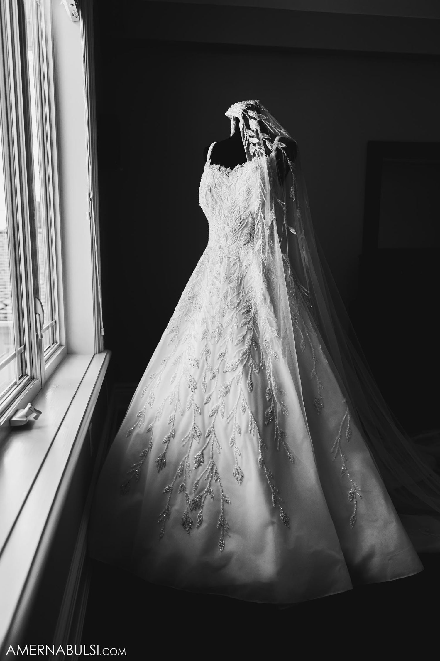 Dramatic black and white photo of a lace wedding dress displayed by a window.