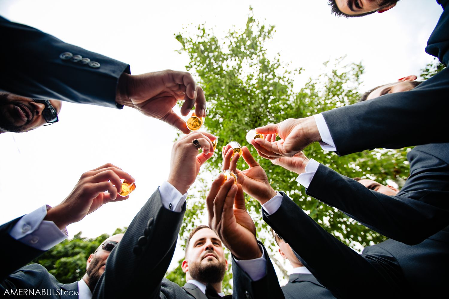 Low angle view of hands raising shot glasses in a celebratory toast against green foliage.
