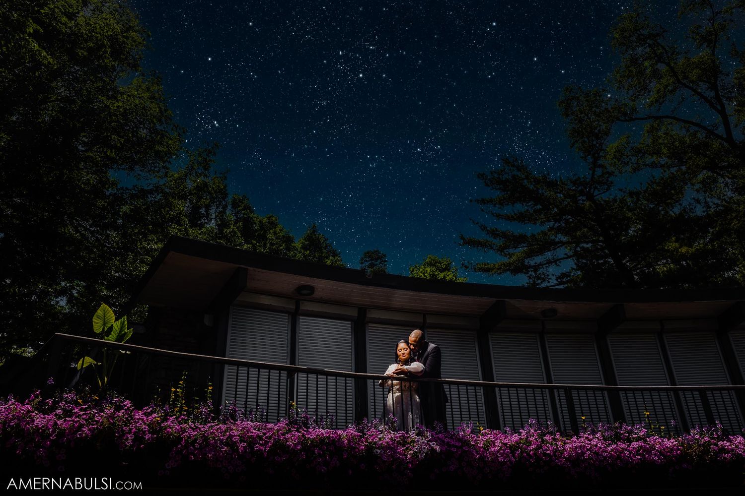 Romantic nighttime portrait against Japanese architecture with starry sky and pink flowers.