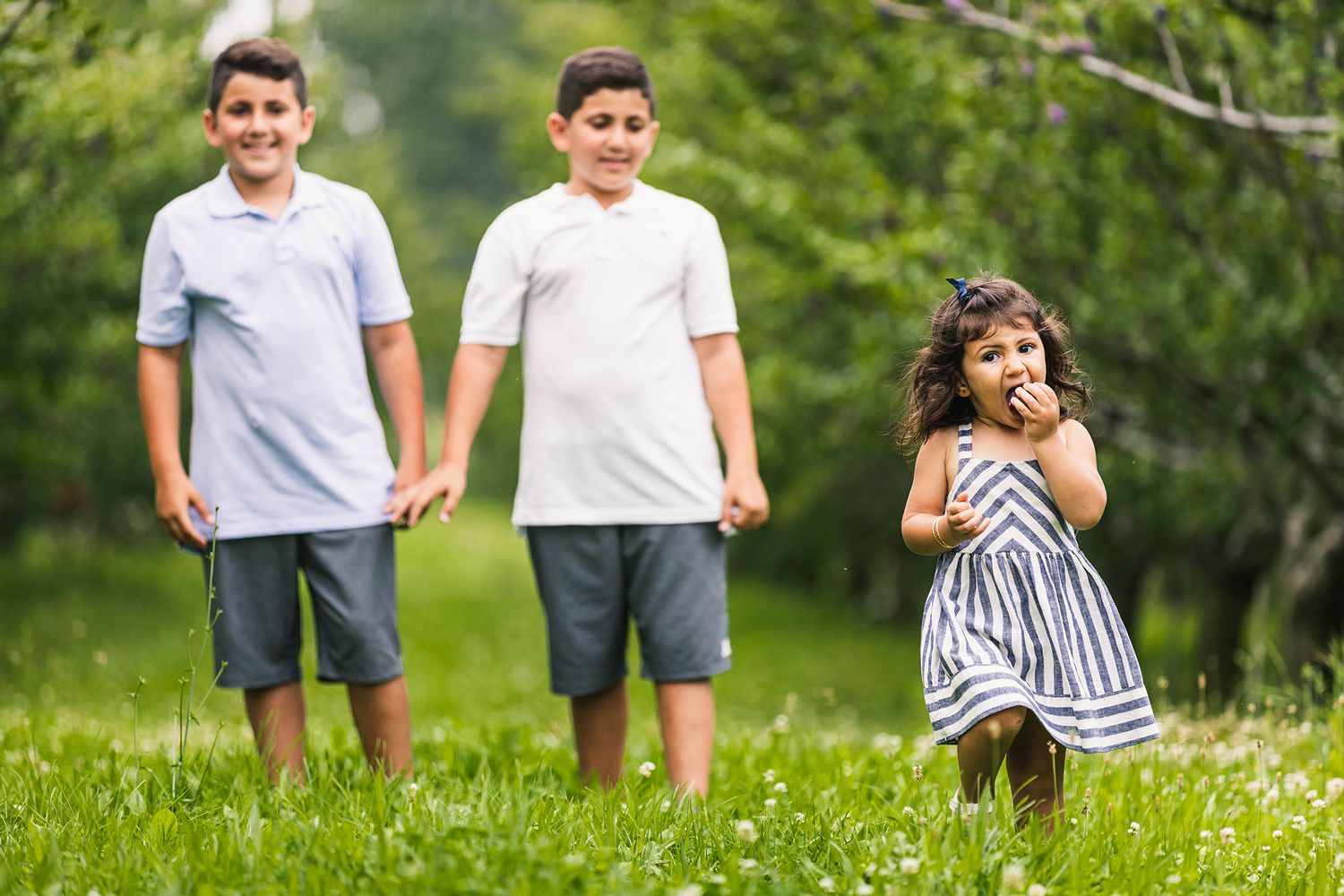 Group walking together through a sunny green field on a summer day.
