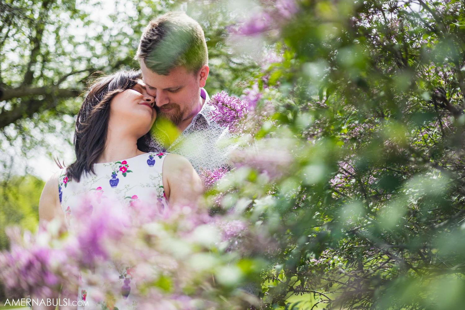 A tender embrace captured through delicate purple spring blossoms.