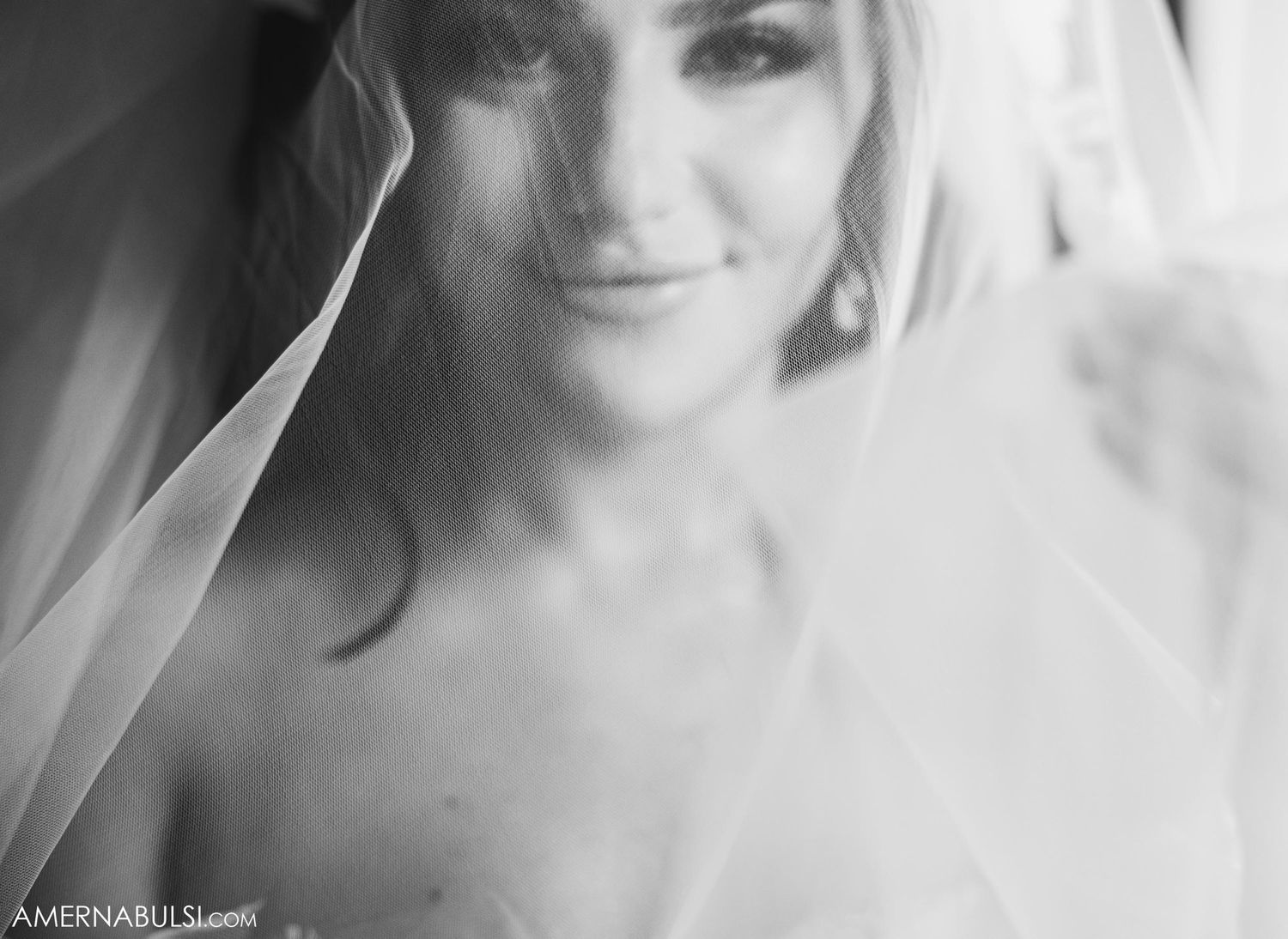 Close-up portrait through delicate wedding veil creates soft, romantic bridal image.